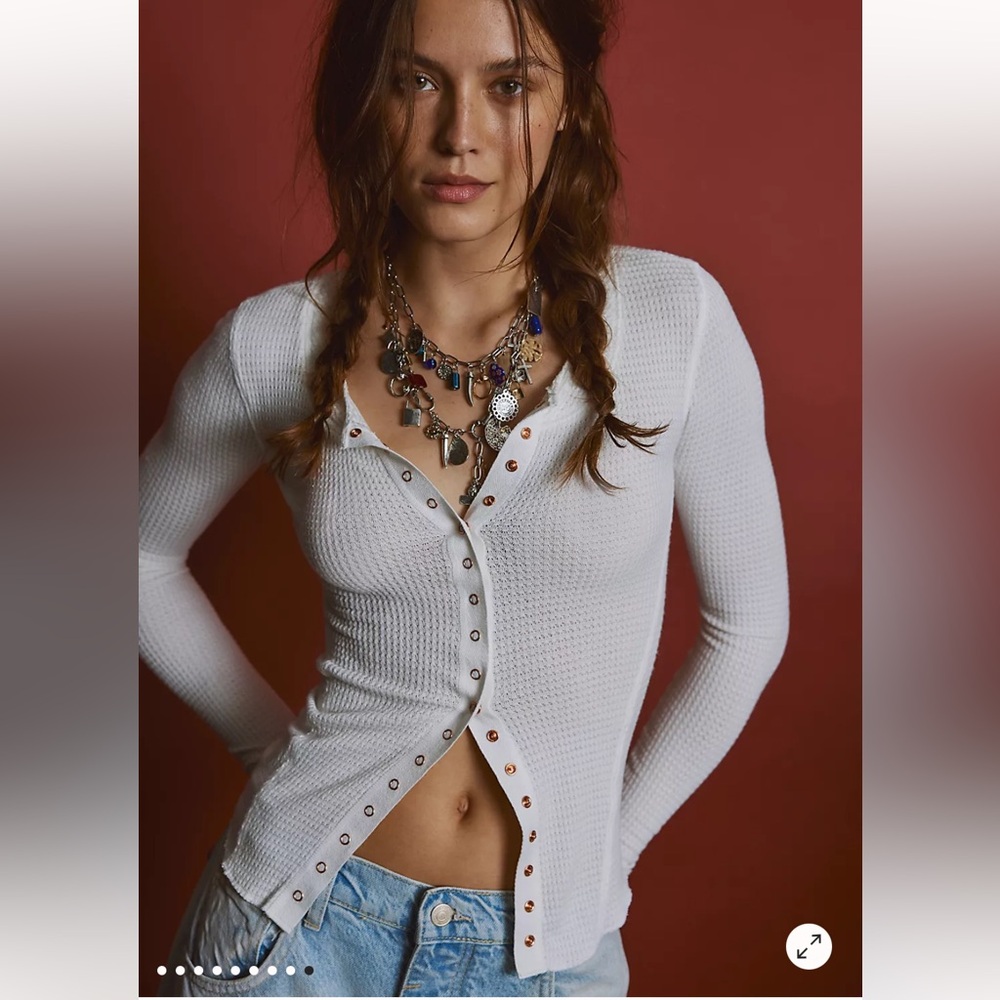Free People Cream Button-Down Waffle Knit Shirt